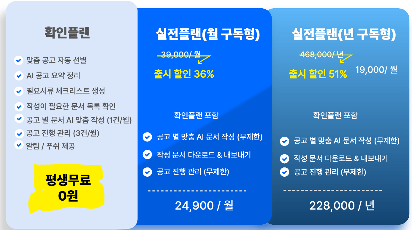 확인플랜 평생무료, 실전플랜 월 구독형 24,900원, 년 구독형 228,000원