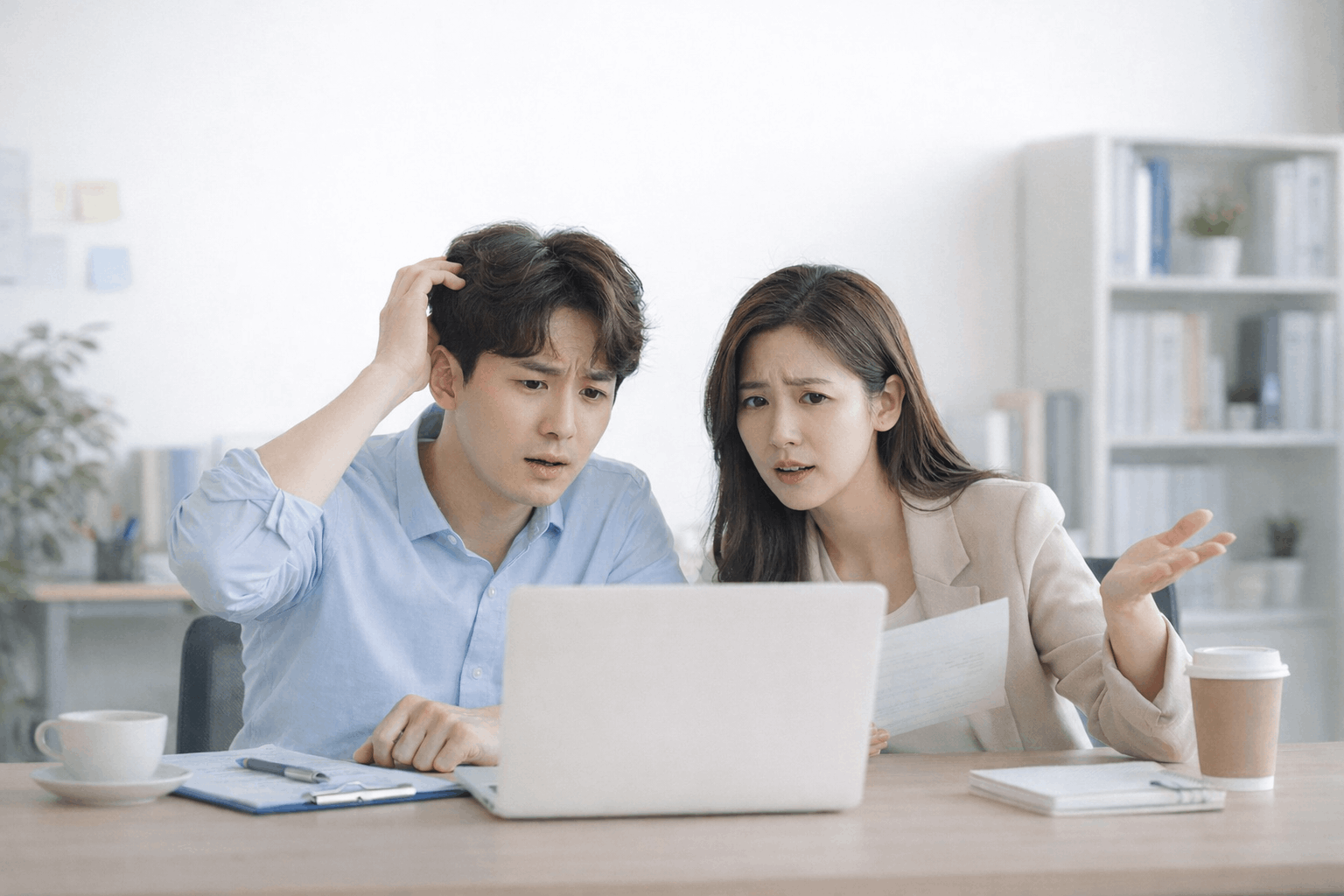 노트북 앞에서 고민하는 두 사람